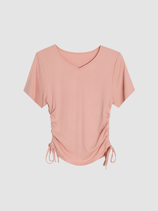 Solid Color V-neck Drawstring Top