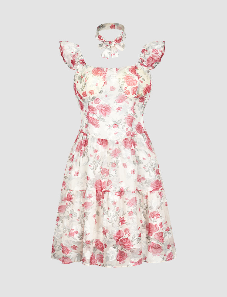 Ruffled Chiffon Floral Dress