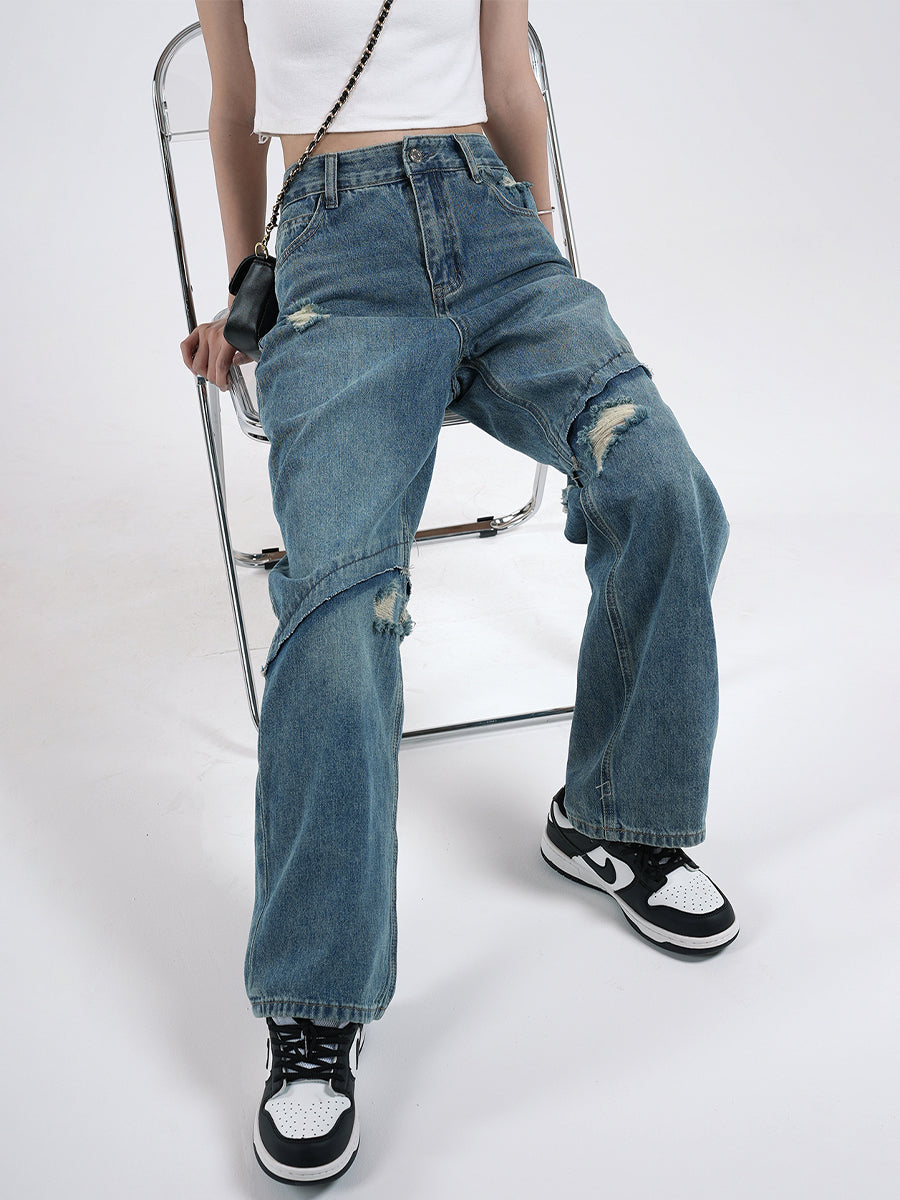 Asymmetric Ripped Jeans Pants