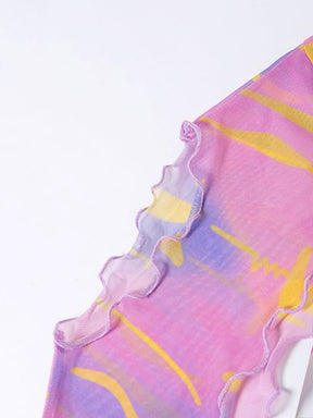 Colorful Printed Mesh Cami Top + Irregular Blouse Two-piece Set