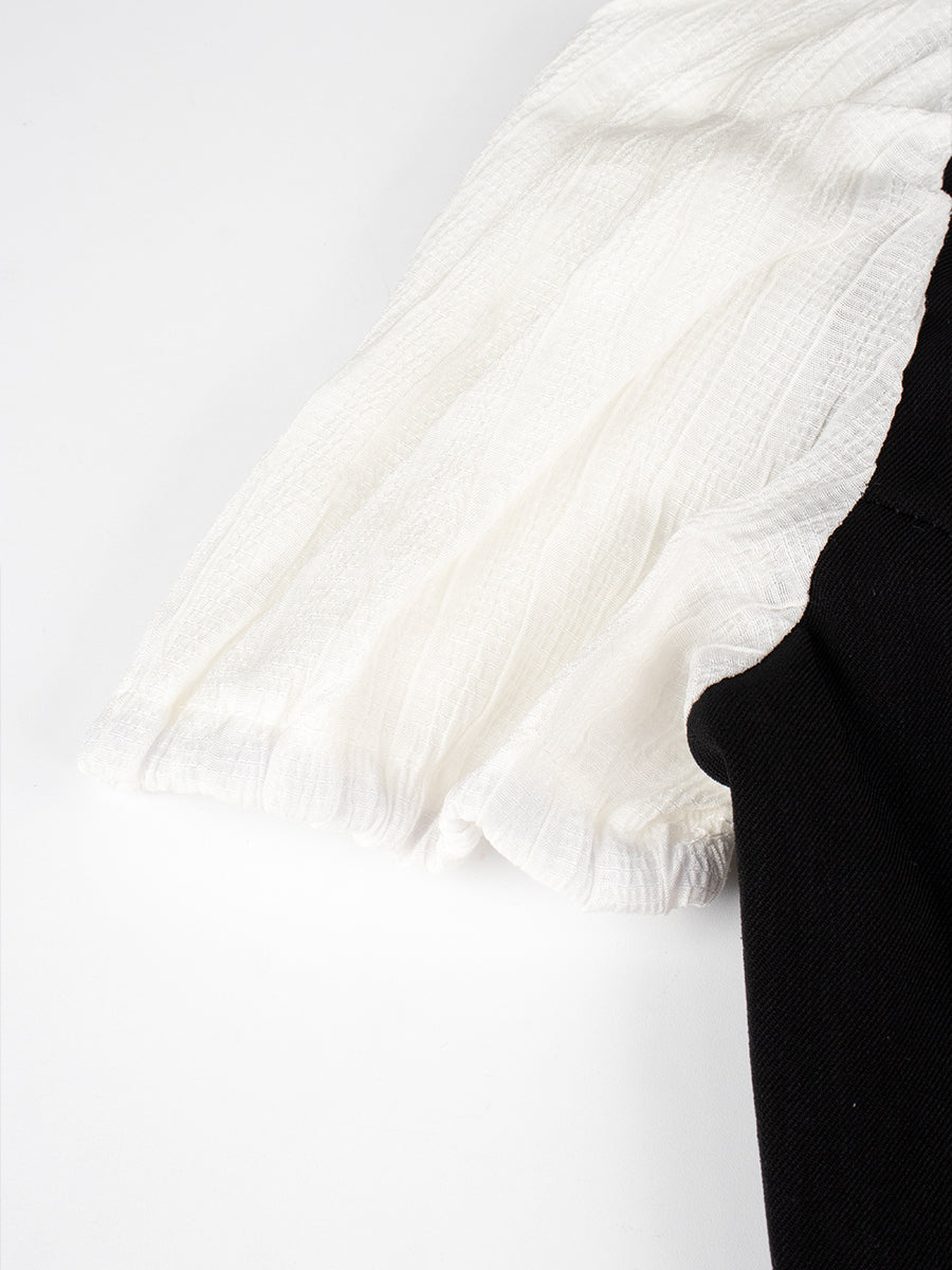 Black and White Top With Tie + Irregular Pleated Skirt Set