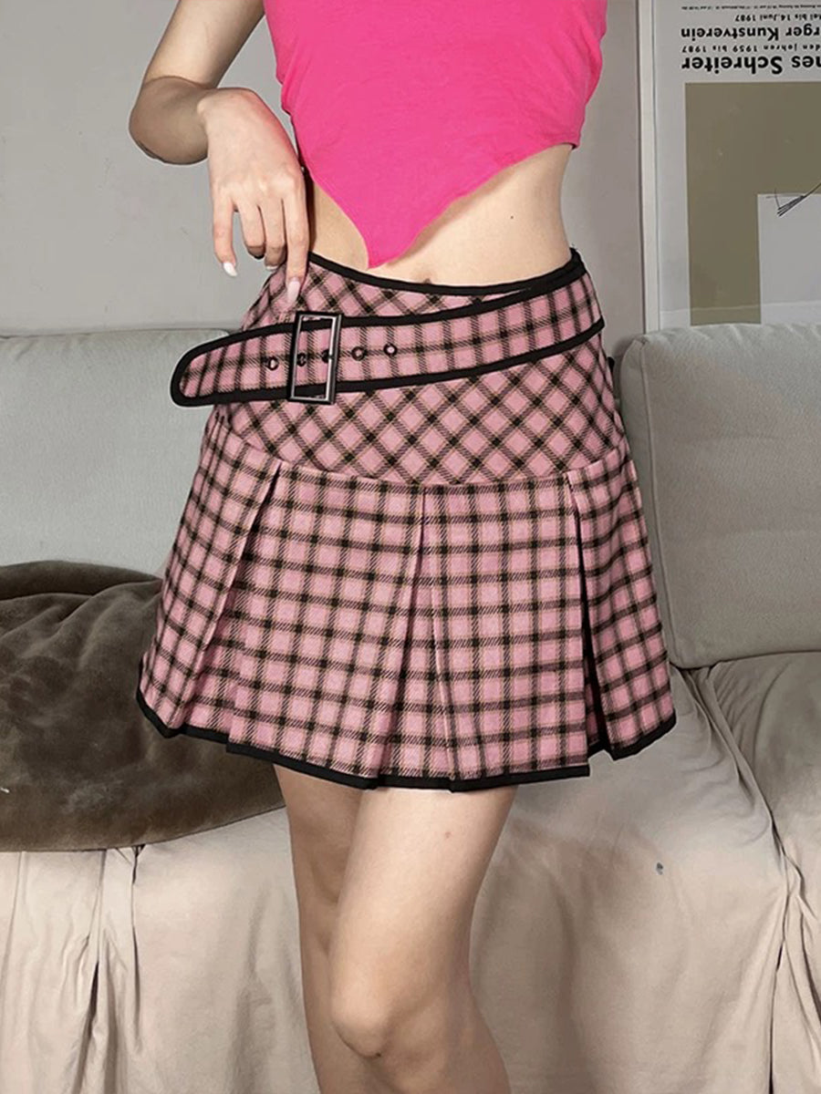 Pink Checkered Patchwork Skirt with Belt