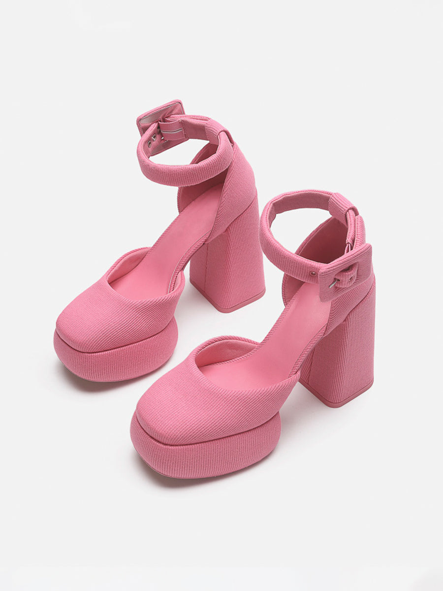 Knitted Ankle Strap Chunky Heeled Platform Pumps