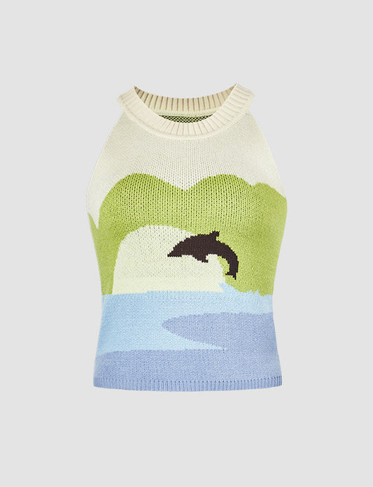 Dolphin Cartoon Knitted Halter Tank Top