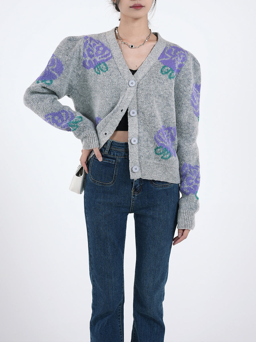 Purple Floral Knitted Cardigan