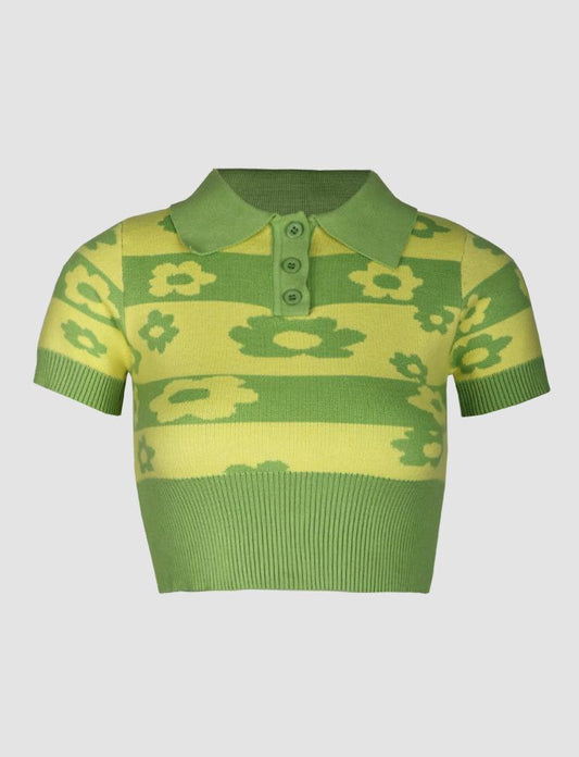 Colorblock Floral Knitted Polo Top