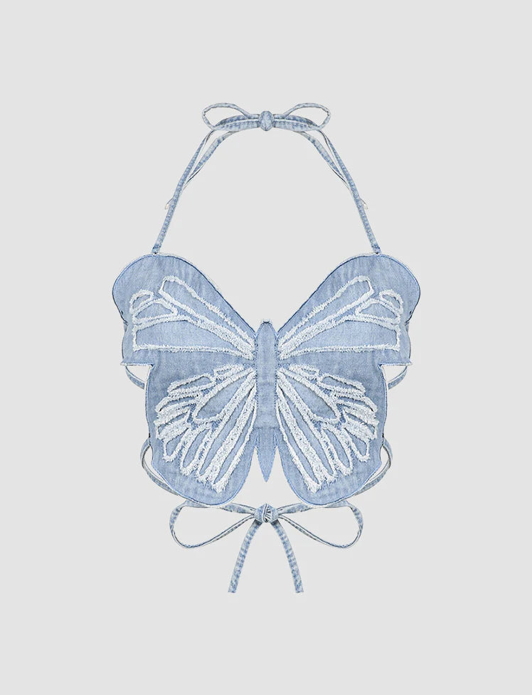Blue Butterfly Three-dimensional Hollow Halter Top