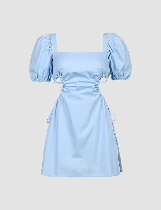 Blue Puff Sleeve Backless Dress
