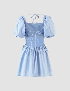 Blue Puff Sleeve Backless Dress