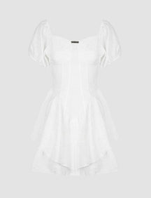 White Floral Puff Sleeves Mini Dress & Skirt Set