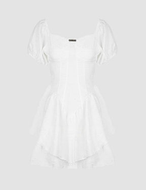 White Floral Puff Sleeves Mini Dress & Skirt Set