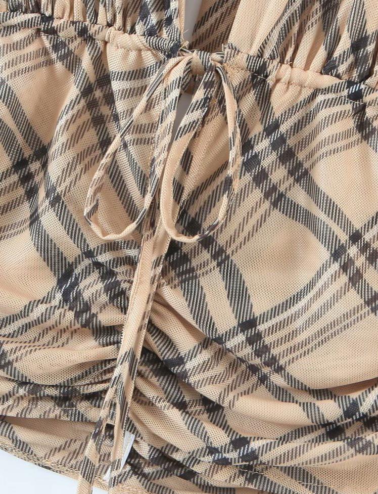 Brown Knot Front Plaid Halter Top