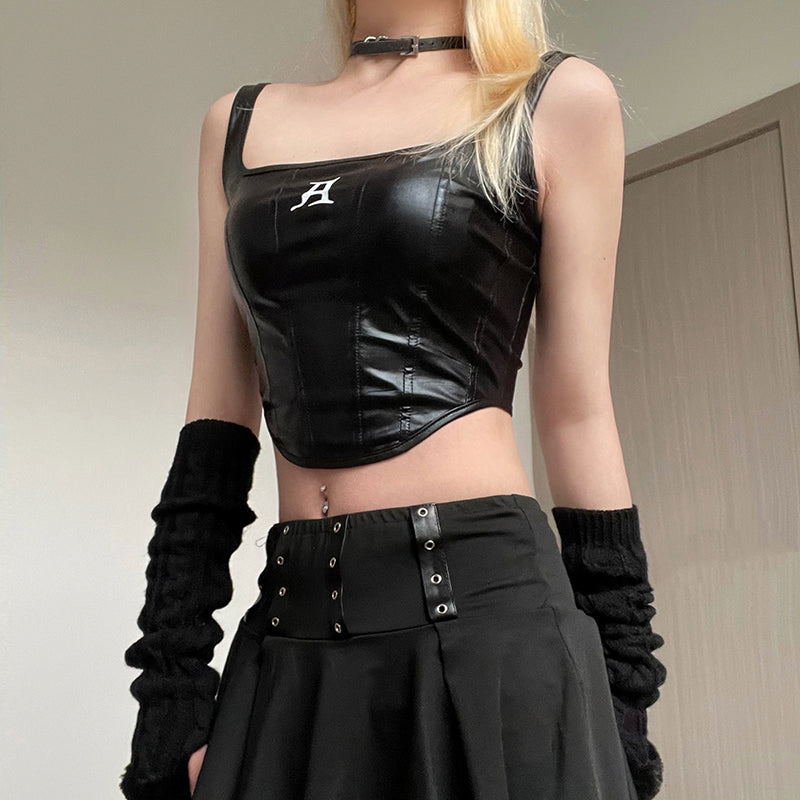 Black PU Leather Tank Crop Top
