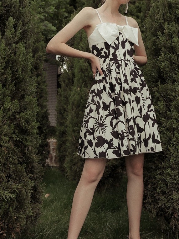Bow Black And White Halter Dress