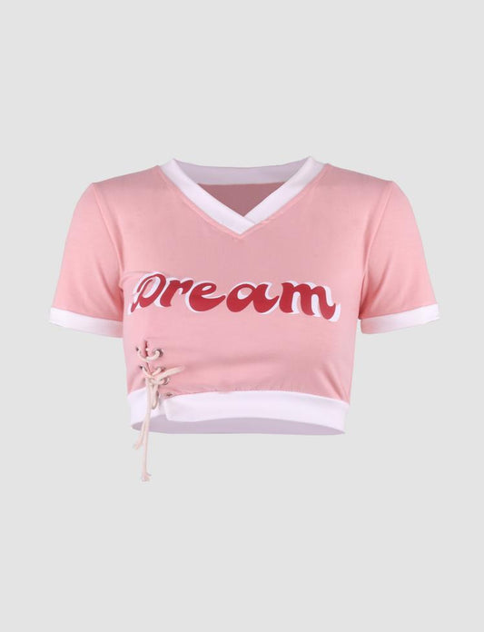 Dream Character V-Neck Pink Tops