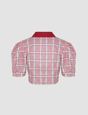 Doll Collar Plaid Short Sleeve Blouses