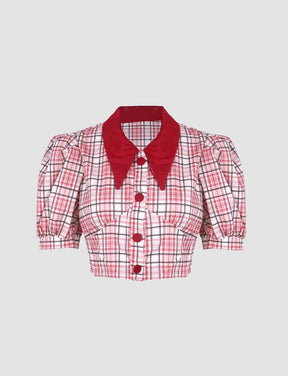 Doll Collar Plaid Short Sleeve Blouses