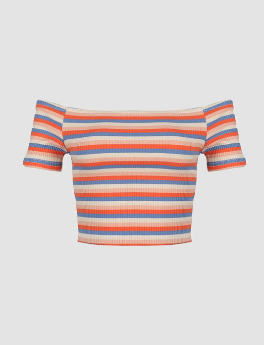 Rainbow Striped Off-The-Shoulder Top