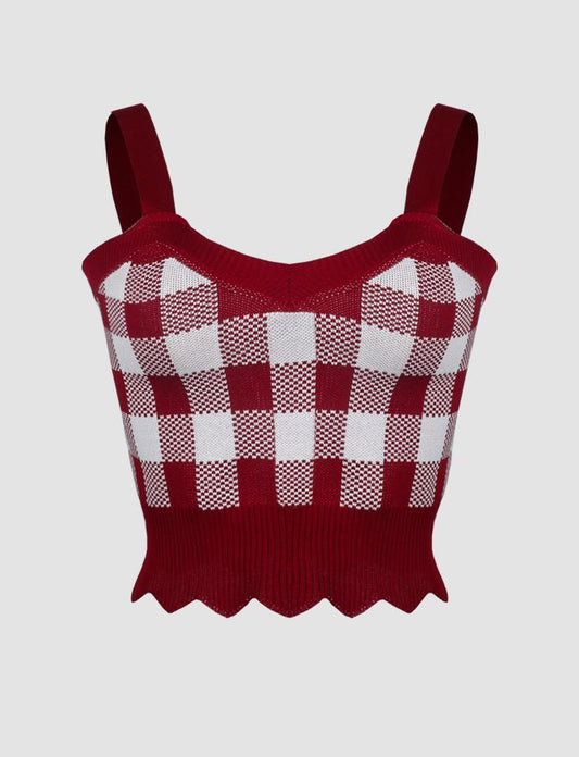 Red Irregular Hem Plaid Top