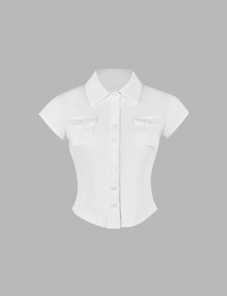 Lapel Pockets Button-up Shirt Crop Top