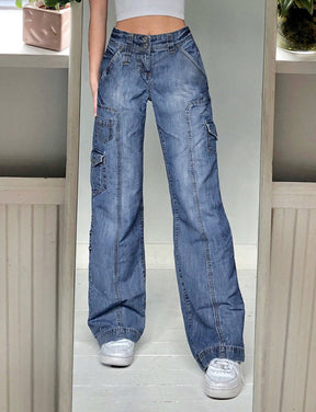 High Waist Pocket Wide Leg Denim Jeans