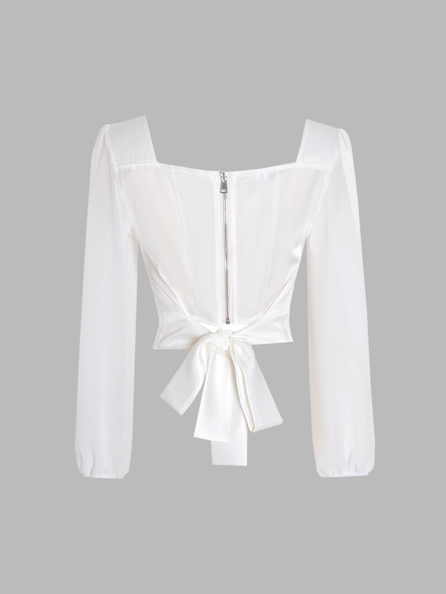White Satin Bow Tie Top