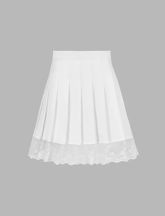 Solid Color Lace Pleated Skirt