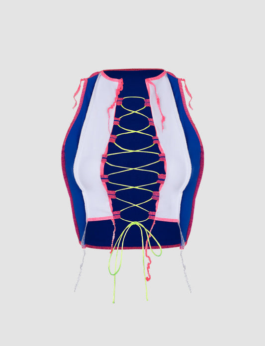 Color-block Cutout Lace-up Tank Top