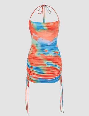 Tie-dye Satin Halter Drawstring Dress