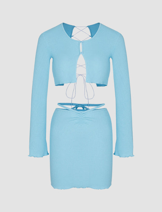 Solid Lace-up Back Top&Skirt Set