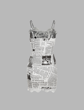 White Newspaper-print Lace-trimmed Split Dress