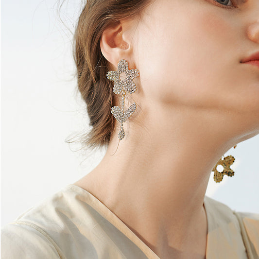 Rhinestone Flower Asymmetrical Earrings