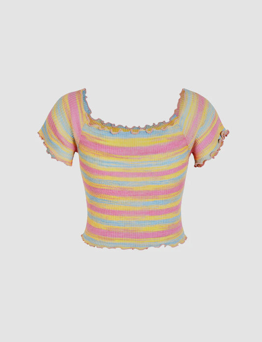 Colorful Ruffle Ribbed Knit Top