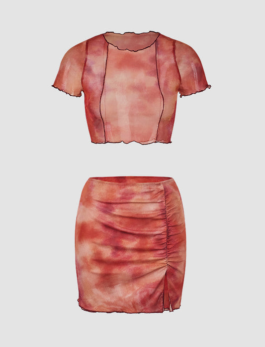 Ruffled Tie-dye Tee Top&Skirt Set
