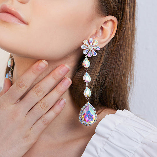 Flower Rhinestone Long Earrings