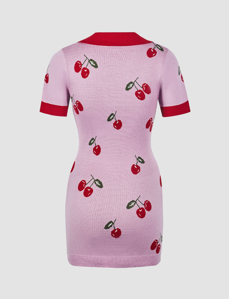 Cherry Knit Collar V Neck Mini Dress