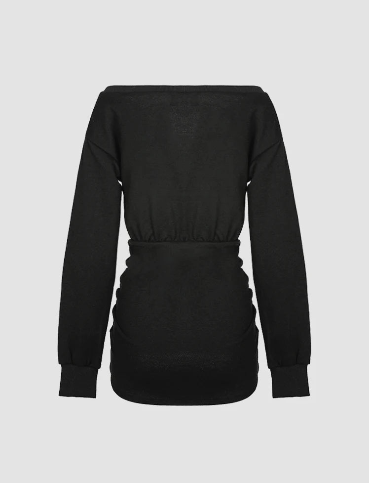 Black Off-The-Shoulder Drawstring Ruched Dress