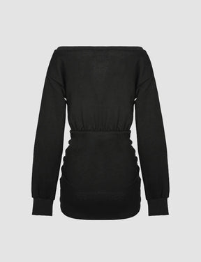Black Off-The-Shoulder Drawstring Ruched Dress