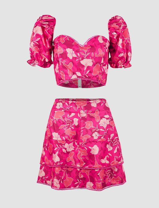 Puff Sleeve Floral Top & Skirt Set